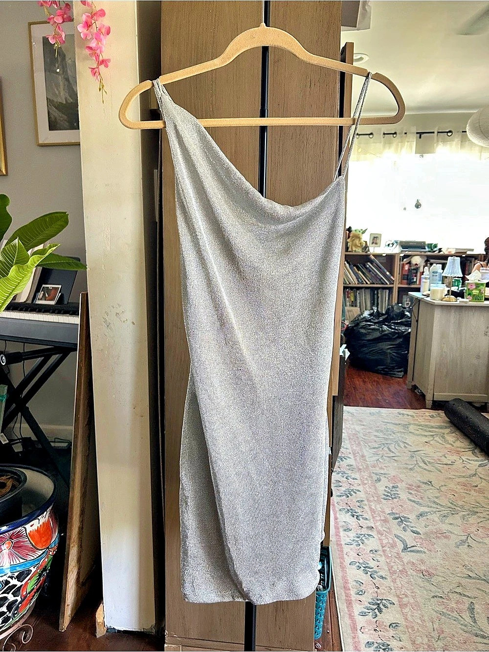 Third Form Heavy Metal Knit Cowl Slip Metallic Maxi Dress Medium